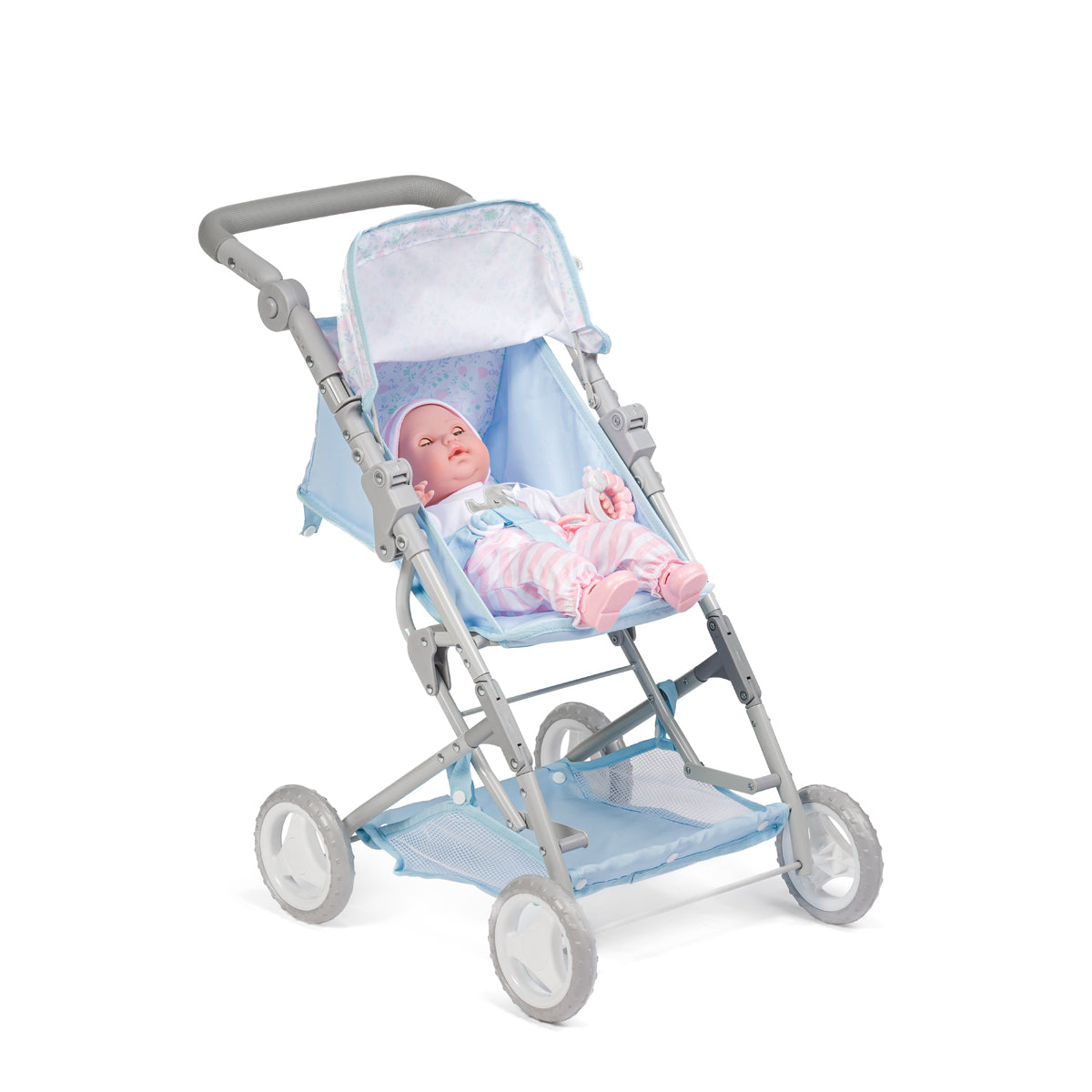 JC Toys - Berenguer Boutique Stroller | Easy Folding Stroller with Canopy and Storage | for Dolls up to 18" | Ages 3+ | Blue Floral