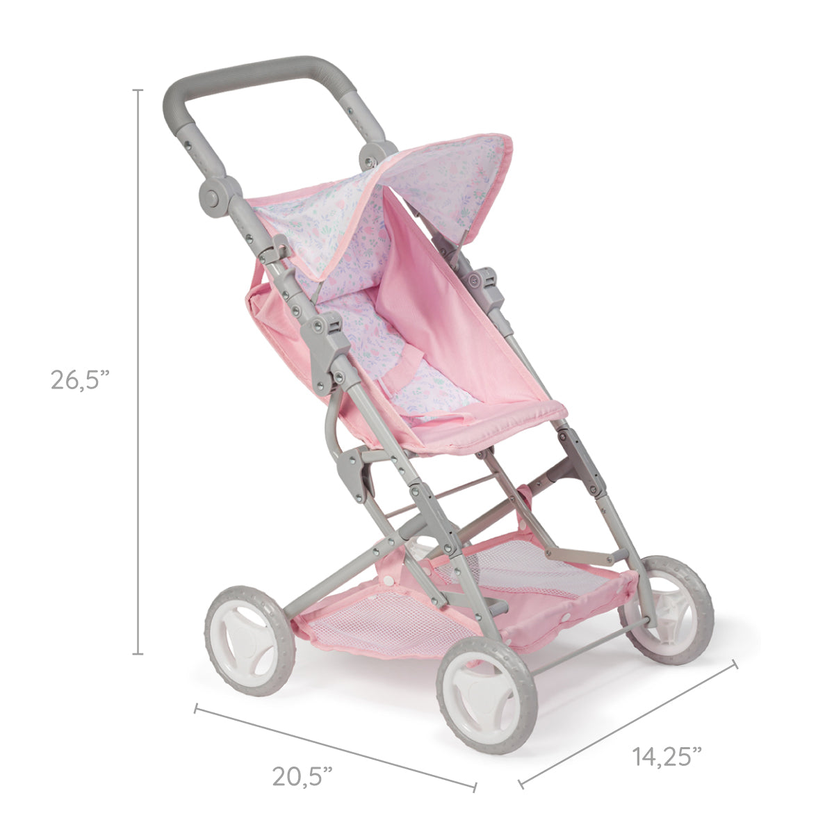 JC Toys - Berenguer Boutique Stroller | Easy Folding Stroller with Canopy and Storage | for Dolls up to 18" | Ages 3+ | Pink Floral