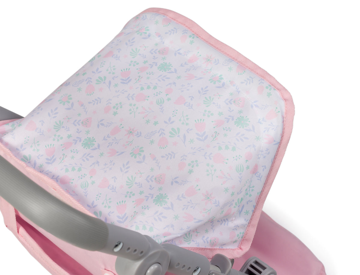 JC Toys - Berenguer Boutique Stroller | Easy Folding Stroller with Canopy and Storage | for Dolls up to 18" | Ages 3+ | Pink Floral