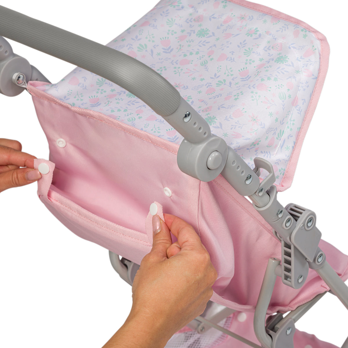 JC Toys - Berenguer Boutique Stroller | Easy Folding Stroller with Canopy and Storage | for Dolls up to 18" | Ages 3+ | Pink Floral