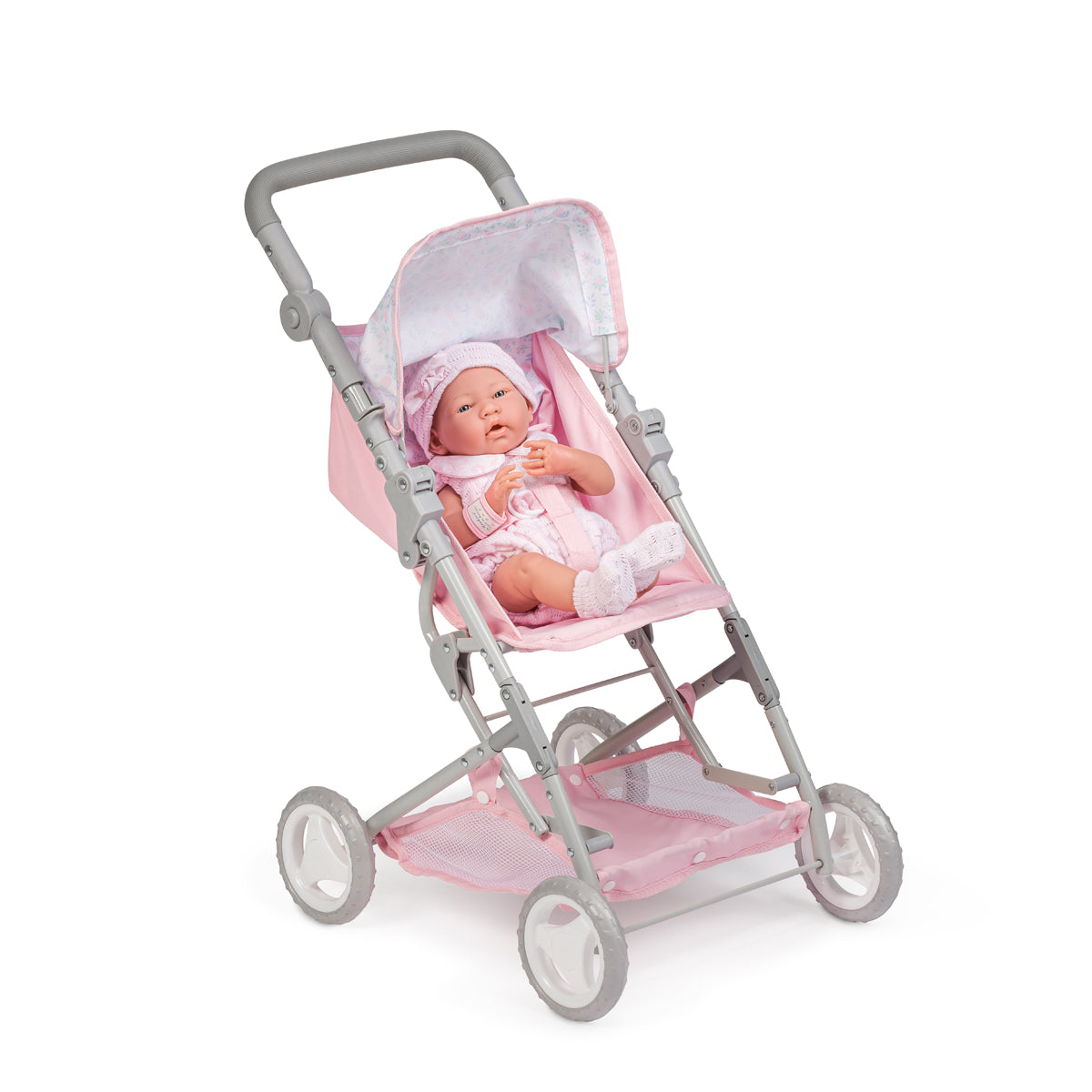 JC Toys - Berenguer Boutique Stroller | Easy Folding Stroller with Canopy and Storage | for Dolls up to 18" | Ages 3+ | Pink Floral