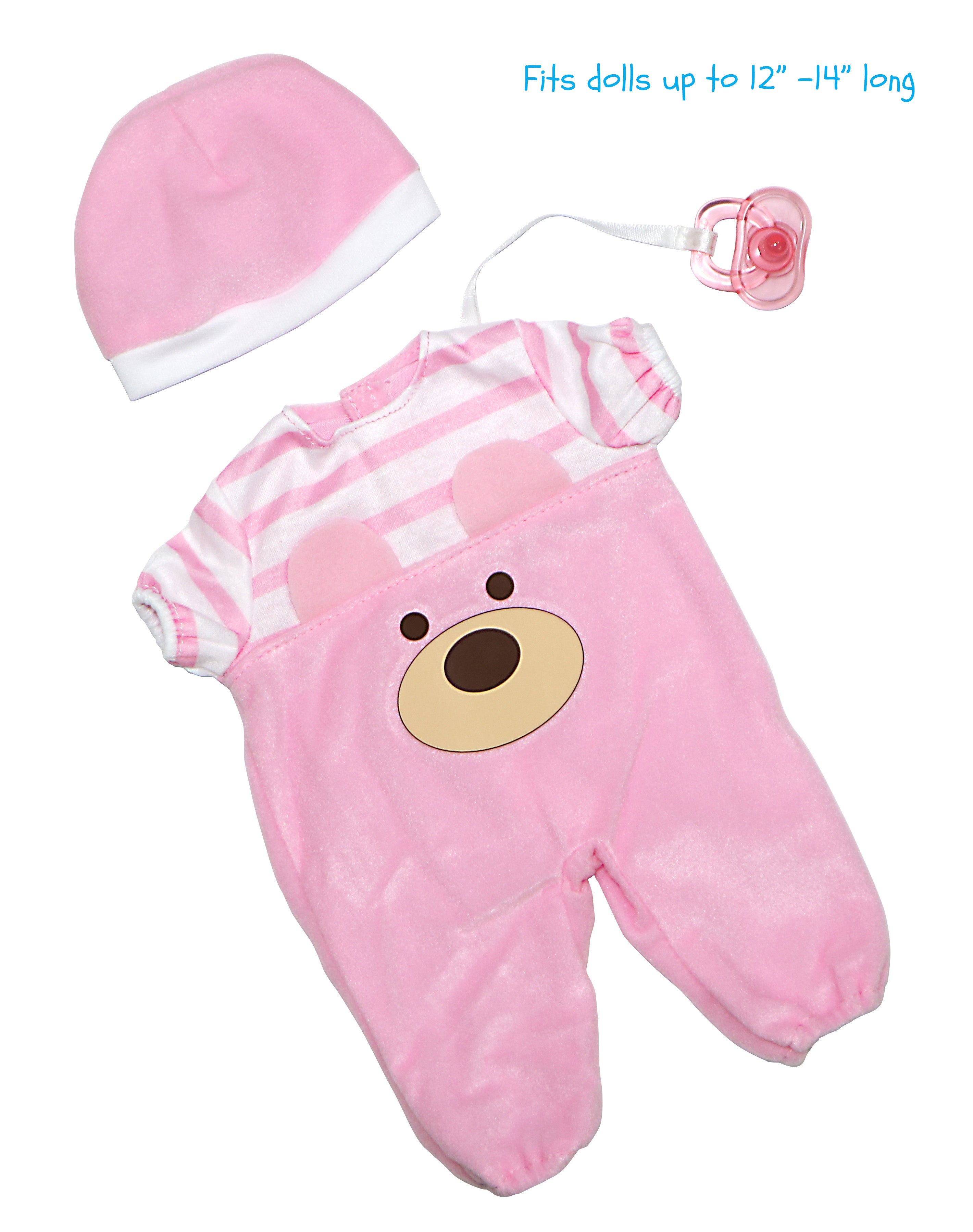 JC Toys |Pink Bear Onesie | Baby Doll Outfit + Hat + Pacifier