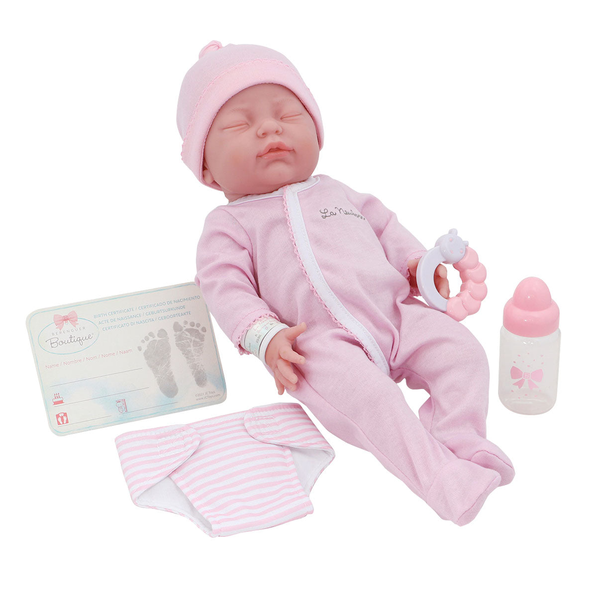 La Newborn 17 All Vinyl Retro La Newborn Doll closed Eyes in Pink Set w accessories. Window Box