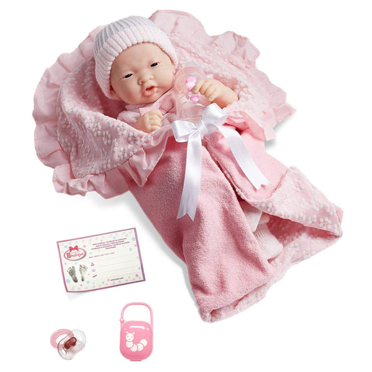 JC Toys, Soft Body La Newborn Asian Baby Doll 15.5in Deluxe Pink Layette Set - JC Toys Group Inc.