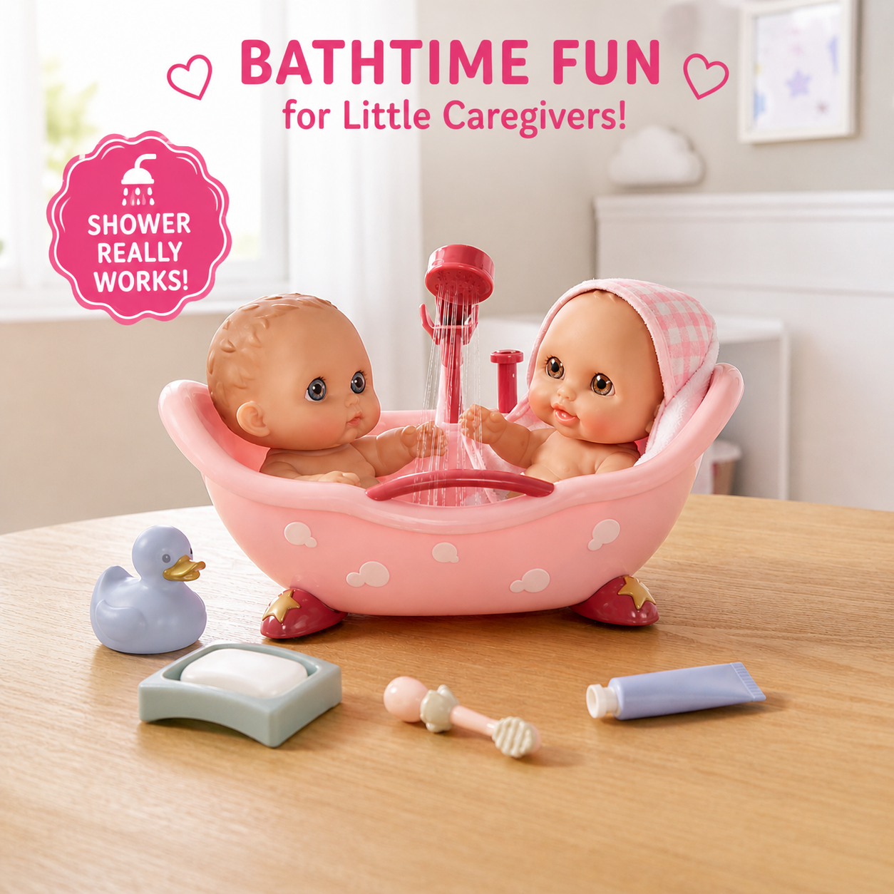 Pink bathtub playset with two 8.5" baby dolls, working shower, hooded towel, soap, toothbrush, and rubber duck.