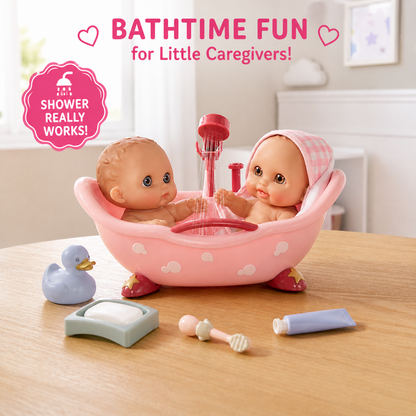 Pink bathtub playset with two 8.5" baby dolls, working shower, hooded towel, soap, toothbrush, and rubber duck.