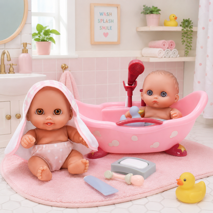 Two Lil' Cutesies baby dolls with a pink bathtub, working shower, hooded towel, and bath accessories.