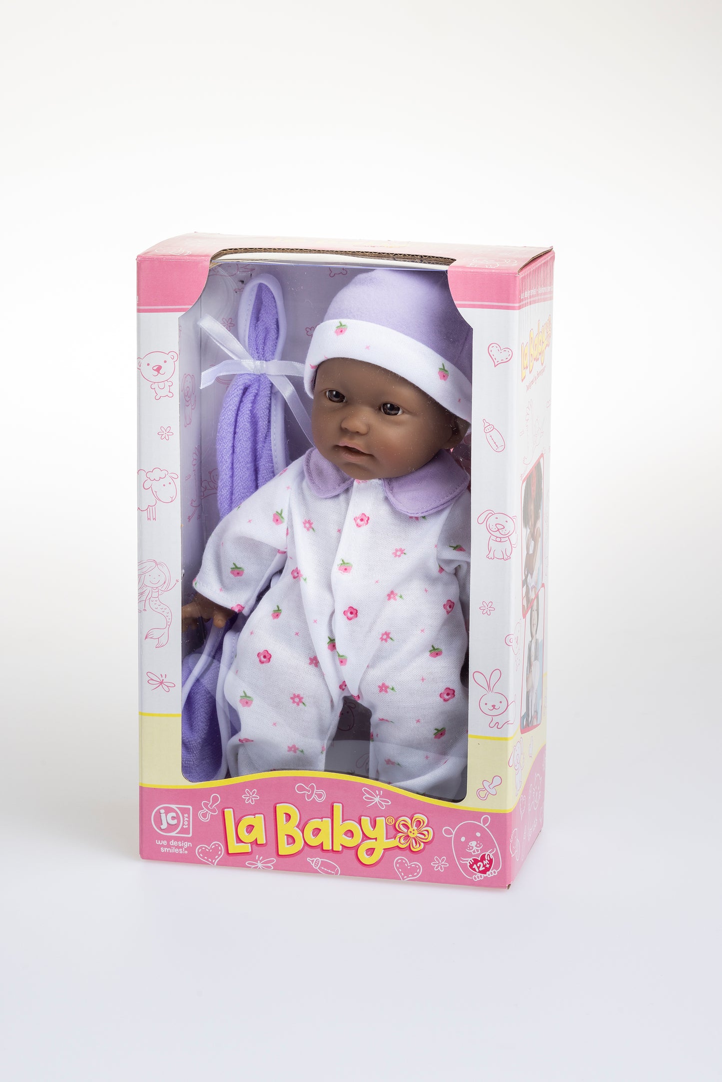 JC Toys, La Baby 11 inch Soft Body African American Baby Doll in Purple Outfit
