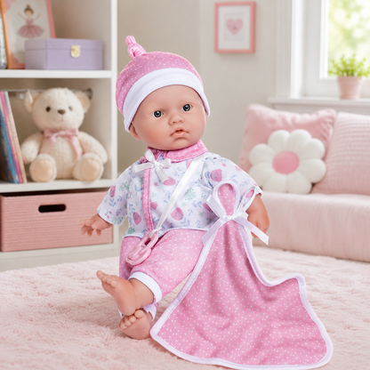 la baby soft body doll in pink floral pattern with blanket and pacifier