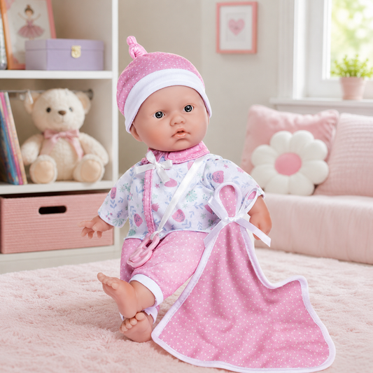 la baby soft body doll in pink floral pattern with blanket and pacifier