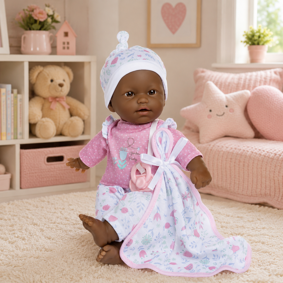 Baby doll with pink outfit and floral blanket in a cozy room with toys and decor.