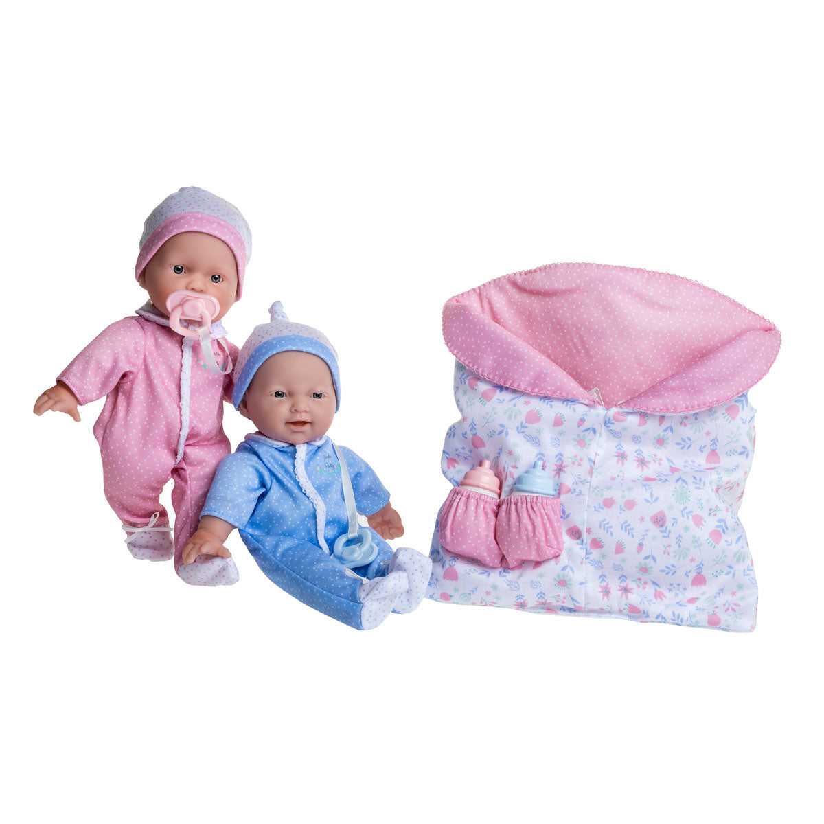 JC Toys La Baby Twins Sleeping Bag Gift Set |11-inch Small Soft Body Dolls Washable |Removable Pink and Blue Outfits, Pacifier & Blanket | 12 Months+