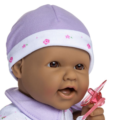 JC Toys, La Baby 16 inches Soft Body Hispanic Baby Doll in Purple Outfit