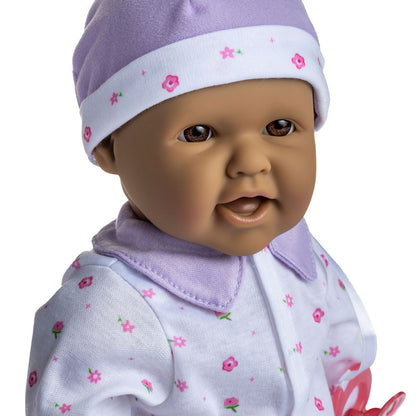 JC Toys, La Baby 16 inches Soft Body Hispanic Baby Doll in Purple Outfit