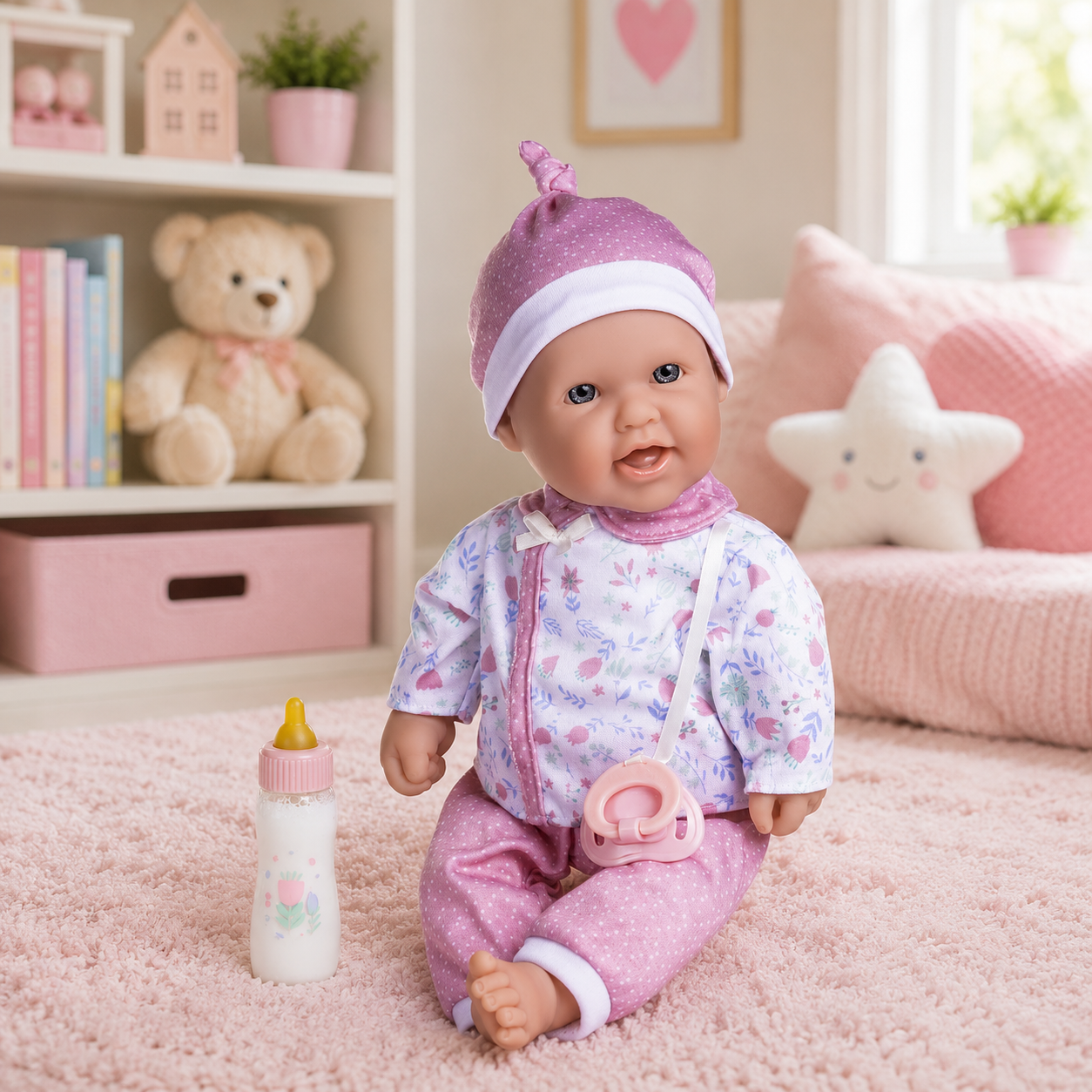 Baby doll in a pink outfit with a bottle and pacifier on a pink carpet, surrounded by toys and decor.