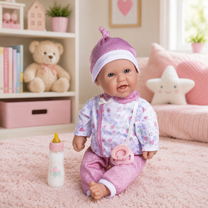Baby doll in a pink outfit with a bottle and pacifier on a pink carpet, surrounded by toys and decor.