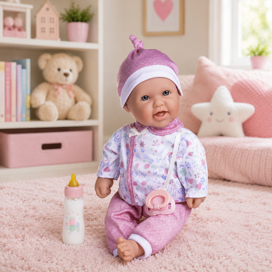 Baby doll in a pink outfit with a bottle and pacifier on a pink carpet, surrounded by toys and decor.
