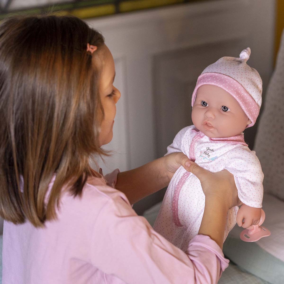 La Baby ® 16" Soft Body Baby Doll White/Pink Onesie w/ Pacifier & Magic Bottle.