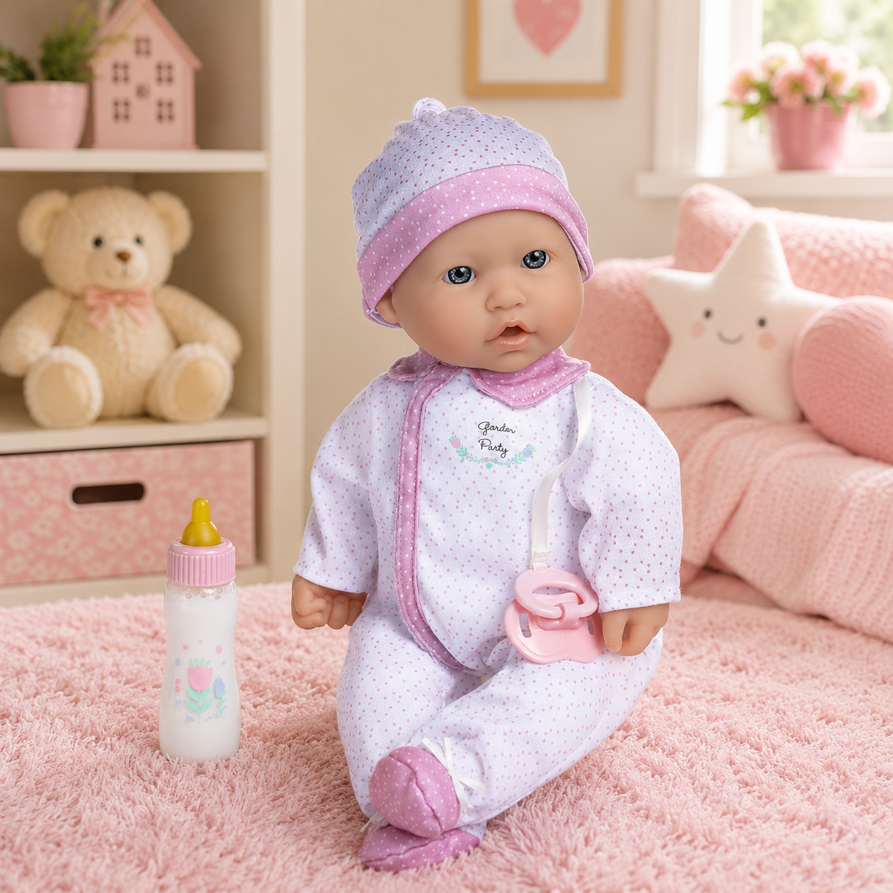 Baby doll in a pink and white outfit with a bottle and pacifier on a pink surface, surrounded by toys.
