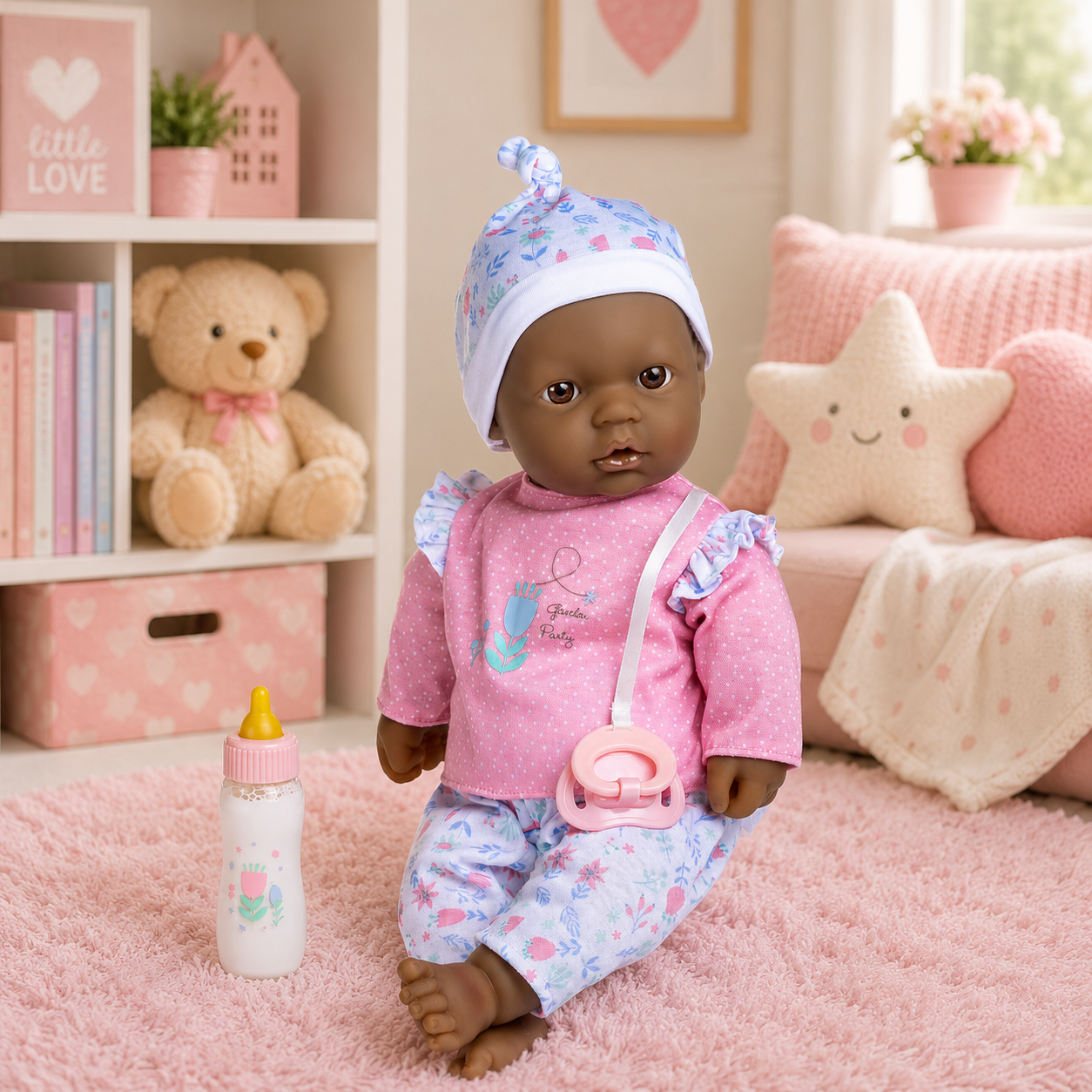 Doll in a pink outfit with a baby bottle on a pink carpet, surrounded by toys and decor.