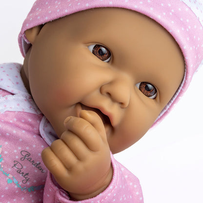La Baby ® 16" Soft Body Baby Doll Pink/White Onesie w/ Pacifier & Magic Bottle. Hispanic.
