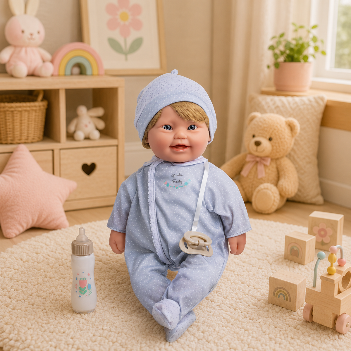 JC Toys soft body doll with Down syndrome features and blonde rooted hair