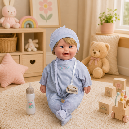 Baby doll in a blue outfit with a bottle and blocks in a playroom setting