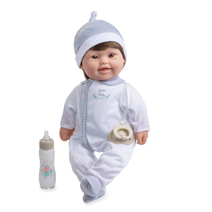 JC Toys Down Syndrome La Baby 16 inches soft body baby doll with brown hair, dressed in a white and blue outfit, accompanied by a pacifier and baby bottle.