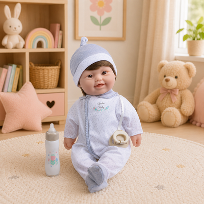 Baby doll in a nursery setting with toys and decor