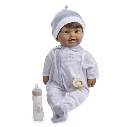 A 16 inches soft body baby doll with brown hair, wearing a grey sleeper and a matching hat, accompanied by a baby bottle.
