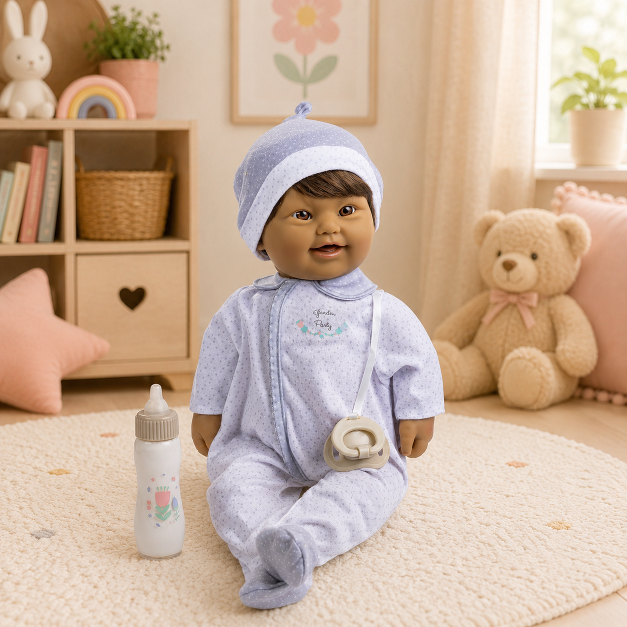 Baby doll in a blue outfit with a pacifier and bottle, surrounded by toys and books in a cozy room.