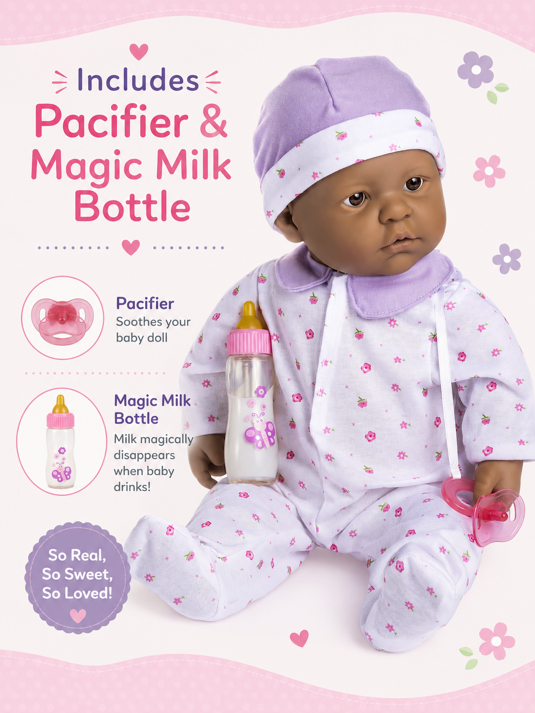 La Baby Play Doll - 20" Hispanic Soft Body Baby Doll in baby outfit Purple w/ Pacifier