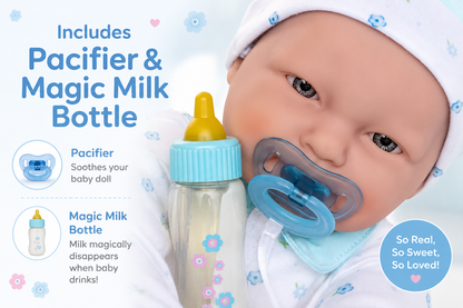 A baby doll wearing a white hat and outfit with a pacifier and a clear bottle with a blue cap and yellow nipple, shown on a light blue promotional background with text reading 'Includes Pacifier & Magic Milk Bottle' and feature callouts.