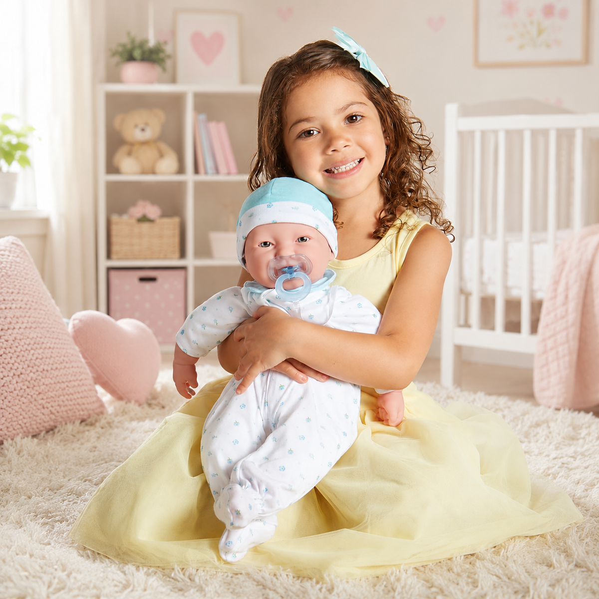 A young girl in a pale yellow dress sits on a white rug in a nursery, holding a baby dressed in a white footed onesie with tiny blue polka dots and a light blue hat.