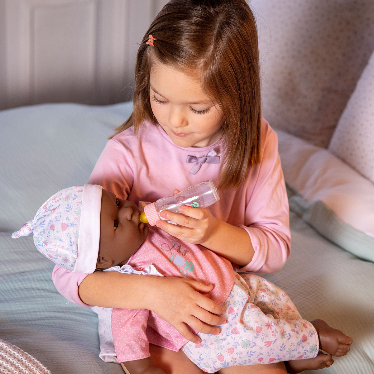 La Baby ® 20" Soft Body Baby Doll Pink/White 3 Piece Outfit w/ Pacifier & Magic Bottle. African American.