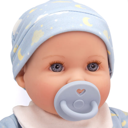 Baby doll with blue pacifier and patterned hat on a white background
