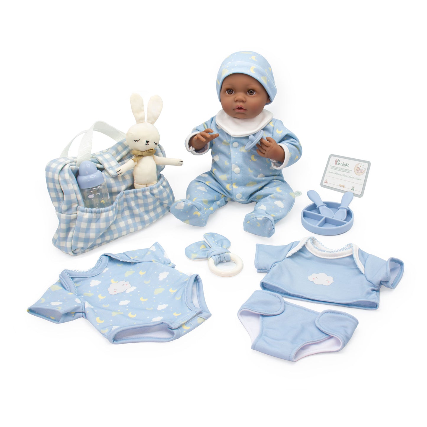 Baby doll with blue outfit and accessories on a white background