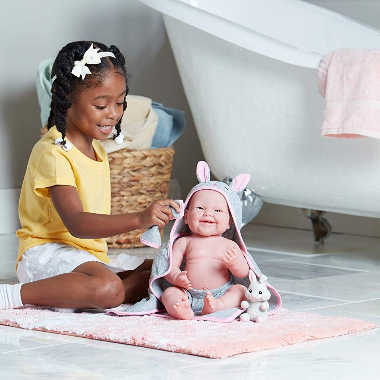 JC Toys, La Newborn Baby Doll, All Vinyl Realistic 17" Anatomically Correct Real Girl, with Hooded Rabbit Towel