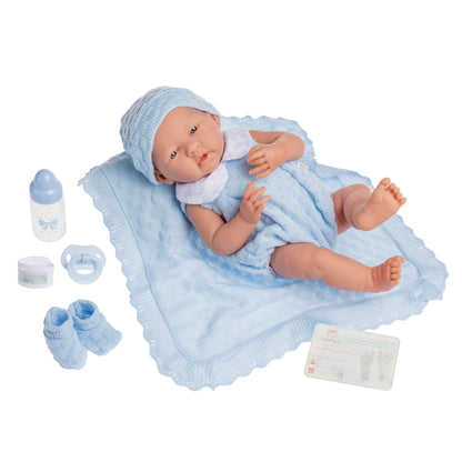 JC Toys, La Newborn All Vinyl Real Boy 15in Baby Doll in Blue Knit Outfit