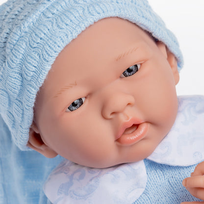 JC Toys, La Newborn All Vinyl Real Boy 15in Baby Doll in Blue Knit Outfit