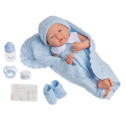 JC Toys, La Newborn All Vinyl Real Boy 15in Baby Doll in Blue Knit Outfit