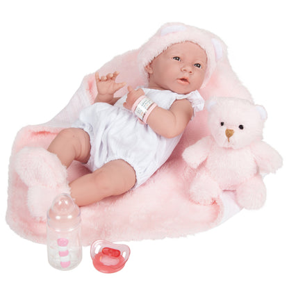 JC Toys,La Newborn All-Vinyl Real Girl 15in Baby Doll-White Outfit & Accessories