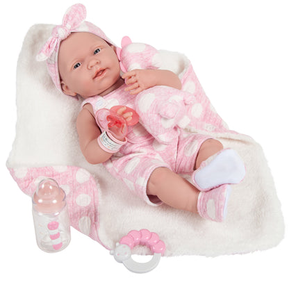 JC Toys, La Newborn AllVinyl Real Girl 15in Baby Doll-Pink with White Polka Dots