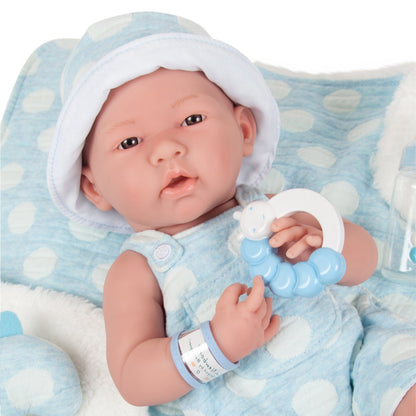 JC Toys, La Newborn All-Vinyl Real Boy 15 in Baby Doll-Blue with White Polka Dots