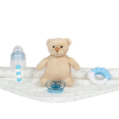 JC Toys, La Newborn All-Vinyl Real Boy 17in Baby Doll-Grey Stars Outfit 9Pcs Set