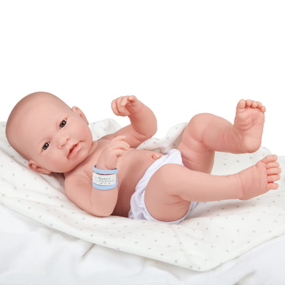 JC Toys, La Newborn All-Vinyl Real Boy 17in Baby Doll-Grey Stars Outfit 9Pcs Set