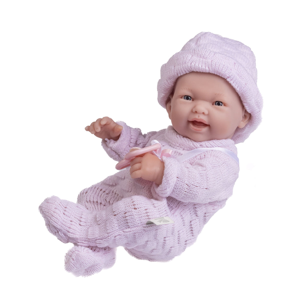 Mini La Newborn 9.5 inch all vinyl Real Girl baby doll in a pink knit onesie and matching hat