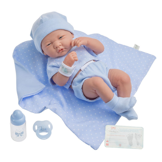 JC Toys, La Newborn Boutique 14 Inch Real Boy Baby Doll-Blue Outfit 9 Pcs Set