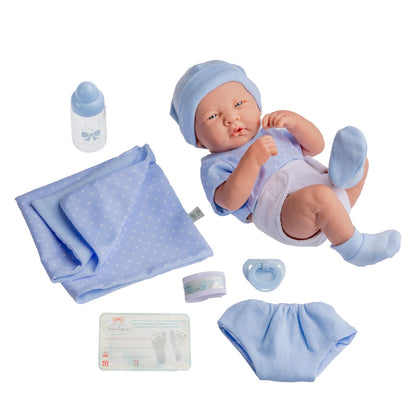 JC Toys, La Newborn Boutique 14 Inch Real Boy Baby Doll-Blue Outfit 9 Pcs Set