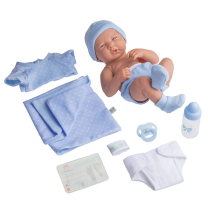 JC Toys, La Newborn Boutique 14 Inch Real Boy Baby Doll-Blue Outfit 9 Pcs Set